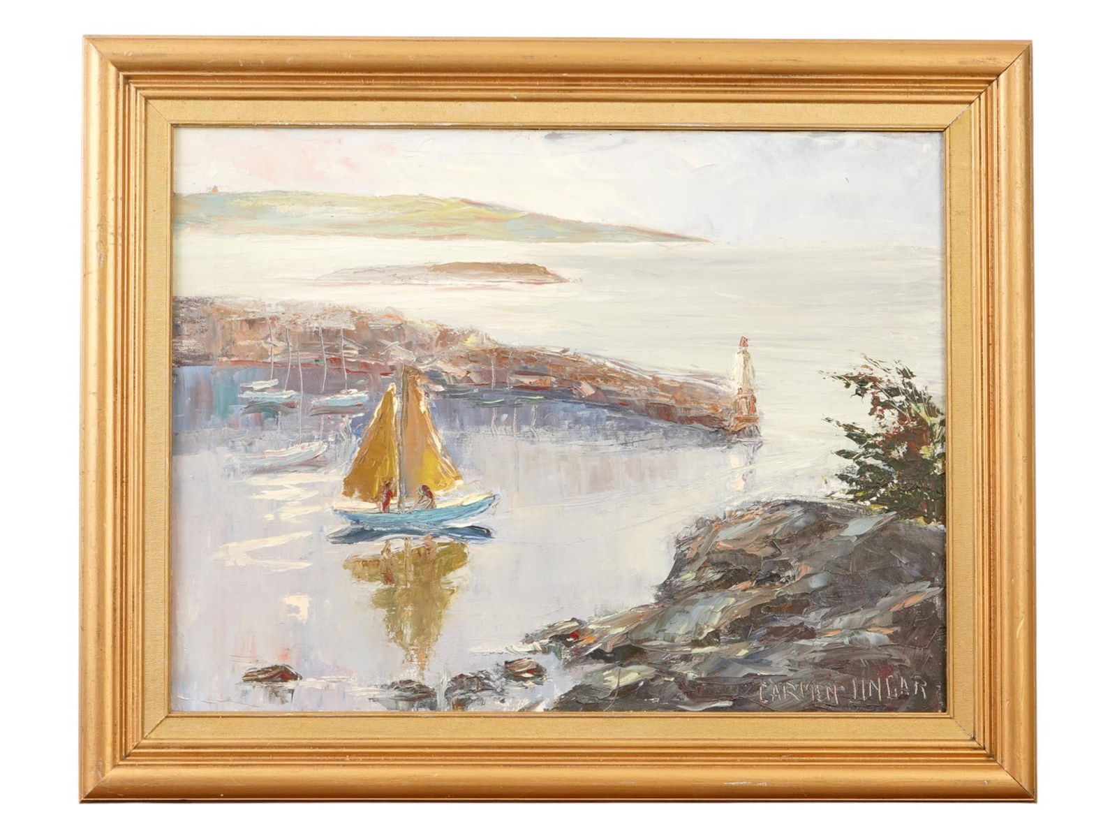 COASTAL SCENE OIL PAINTING SIGNED CARMEN LINGAR (1 of 4)