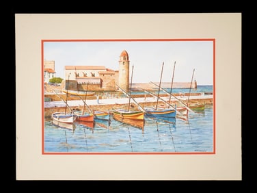 FRENCH PORT WATERCOLOR PAINTING BY GILLES GRIMOIN
