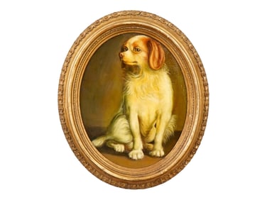 ANTIQUE OIL PAINTING ON BOARD OF A SMALL SPANIEL DOG