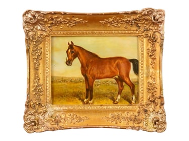 ANTIQUE OIL EQUESTRIAN PAINTING ON BOARD OF A HORSE