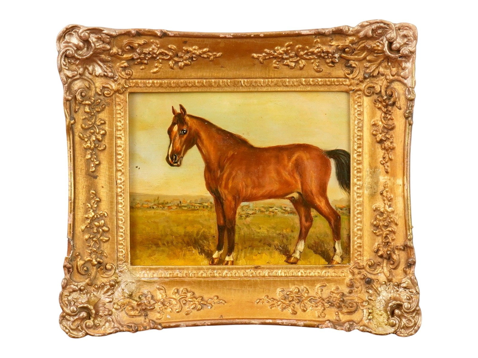 ANTIQUE OIL EQUESTRIAN PAINTING ON BOARD OF A HORSE: An antique oil painting on wood board depicting a horse, presented in an ornate gold frame, likely dating to the 19th or early 20th century. Executed in the tradition of British equestrian and sportin