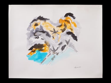 INDIAN WATERCOLOR PAINTING SIGNED MAQBOOL F HUSAIN