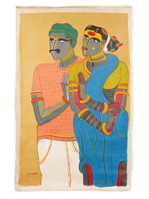 MID CENTURY INDIAN PAINTING SIGNED T. VAIKUNTAM COUPLE