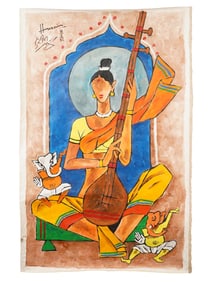 SIGNED M F HUSAIN ACRYLIC SARASWATI PAINTING W COA
