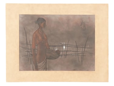 SIGNED B PRABHA INDIAN MIX MEDIA PAINTING ON PAPER