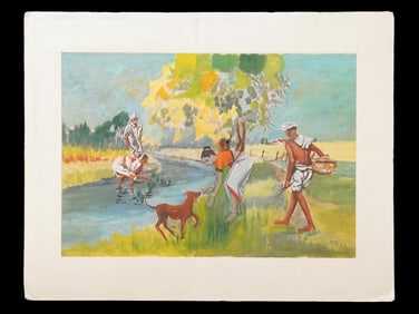 SIGNED NS BENDRE INDIAN GENRE PASTEL PAINTING