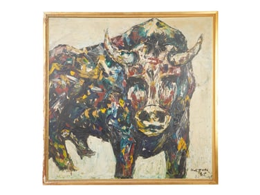 LARGE MODERNIST BULL PORTRAIT OIL PAINTING SIGNED
