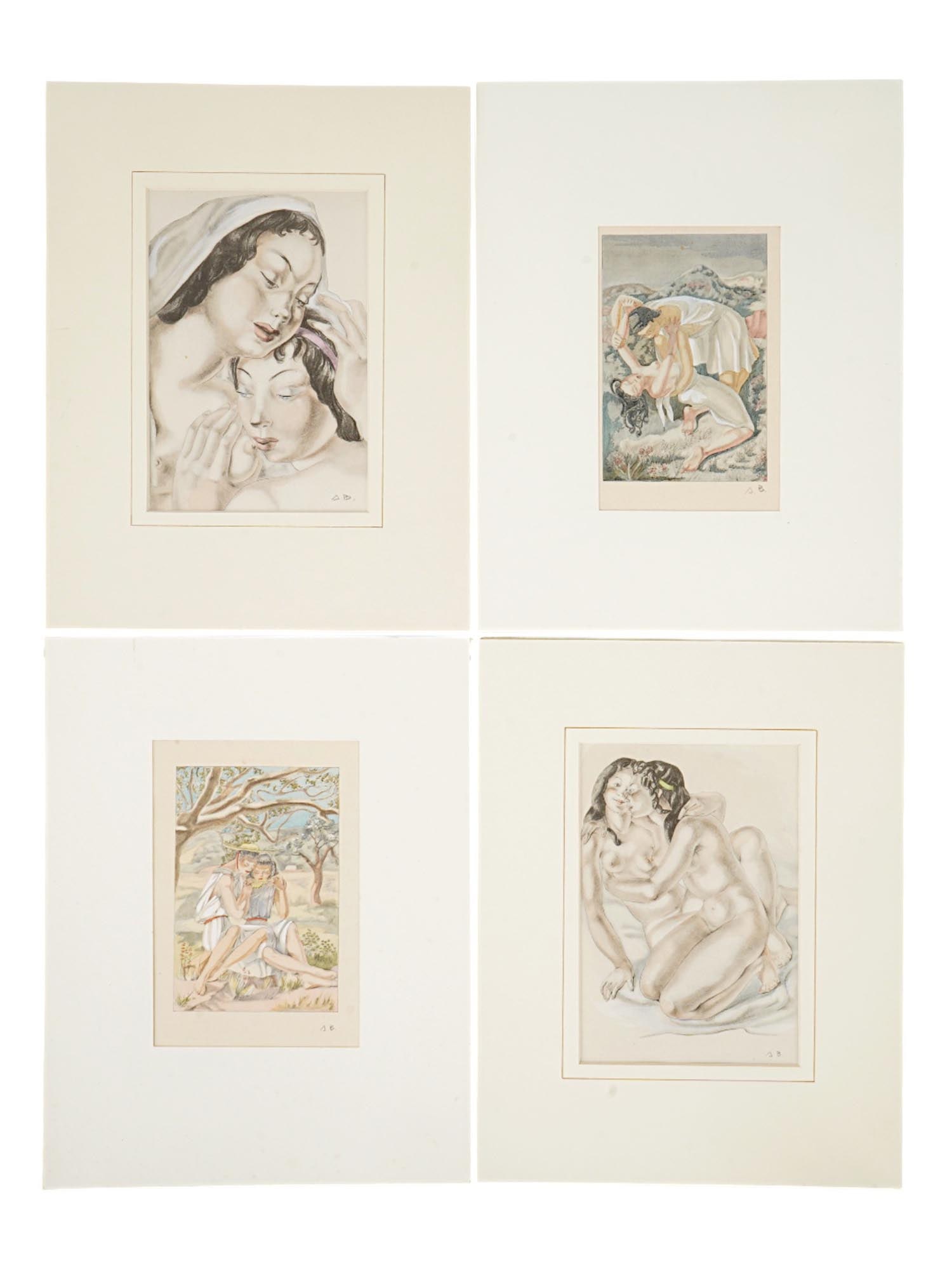 LOT OF MIXED MEDIA PAINTINGS BY SUZANNE BALLIVET: Suzanne Ballivet, French, 1904 to 1985, a lot of four mixed media painting on paper depicting double female portraits and genre scenes, probably illustrations. Each is signed with initials, lower righ