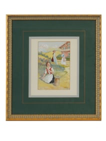 GERMAN GENRE SCENE WATERCOLOR PAINTING SIGNED