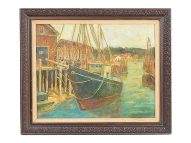 ATTR TO KARL SCHMIDT AMERICAN PORT OIL PAINTING
