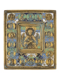 ANTIQUE RUSSIAN BRONZE ENAMEL ICON OF JESUS CHRIST