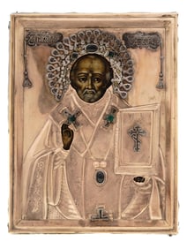 RUSSIAN SAINT NICHOLAS ICON 14K GOLD SILVER OKLAD