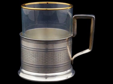 19TH C RUSSIAN SILVER GLASS HOLDER WITH GLASS INSERT