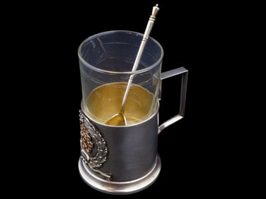 RUSSIAN SILVER GLASS HOLDER WITH GLASS AND SILVER SPOON