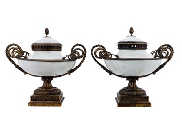 PAIR OF FRENCH LOUIS XVI STYLE PORCELAIN BRONZE URNS