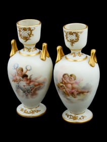 PAIR OF BACCARAT HAND PAINTED OPALINE GLASS VASES