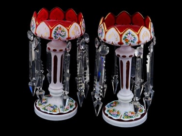 PAIR OF ANTIQUE CZECH BOHEMIAN RUBY RED GLASS LUSTERS