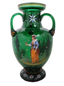 ANTIQUE VICTORIAN HAND PAINTED GREEN GLASS VASE