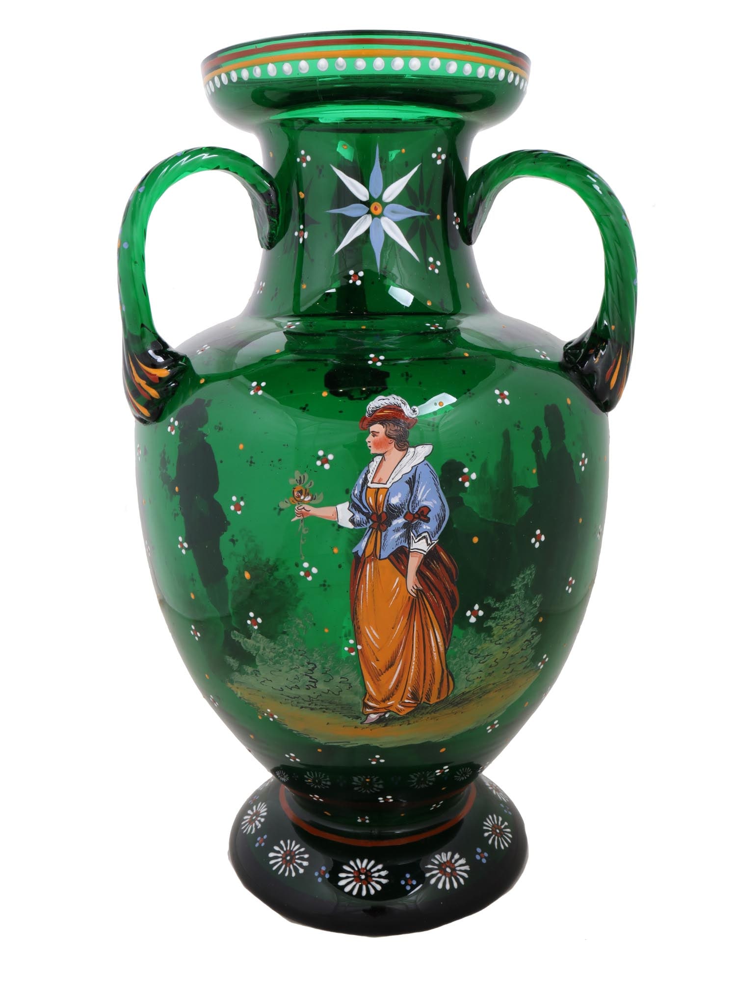 ANTIQUE VICTORIAN HAND PAINTED GREEN GLASS VASE (1 of 12)