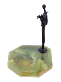 ART DECO BRONZE FIGURE GREEN ONYX VIDE POCHE TRAY