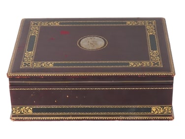 ANTIQUE LEATHER BOX WITH ORIENTAL JADE INLAY