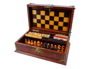 ANTIQUE ENGLISH WOODEN MULTI GAME BOX CLASSIC GAMES