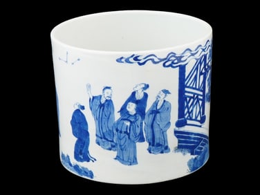 CHINESE PAINTED BLUE AND WHITE PORCELAIN BRUSH POT