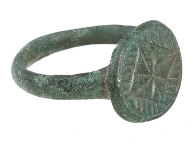 ANCIENT BYZANTINE BRONZE W CROSS SIGNET RING 300-600 AD