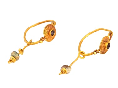 PAIR OF ANCIENT ROMAN GOLD GARNET AND GLASS EARRINGS