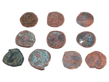 TEN ANCIENT BYZANTINE BRONZE COINS 500 TO 700 AD