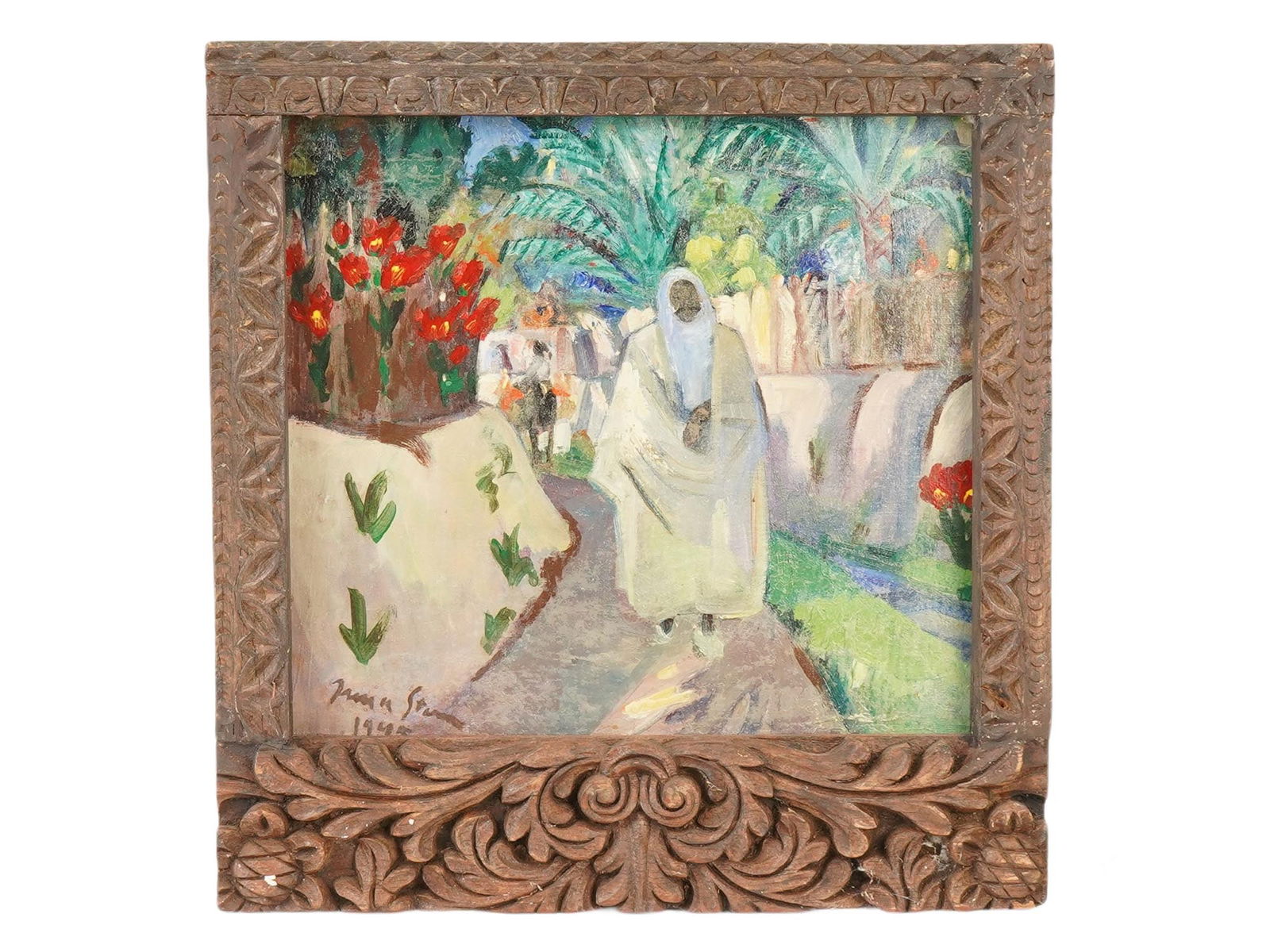 SIGNED IRMA STERN OIL PAINTING ON CANVAS 1945: An oil painting on canvas signed Irma Stern, South African, 1894 to 1966. The painting depicts a walking human figure in white clothing against the backdrop of a colorful flowering landscape. Signed,