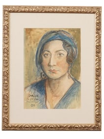 MIXED MEDIA PORTRAIT PAINTING SIGNED DAVID BURLIUK