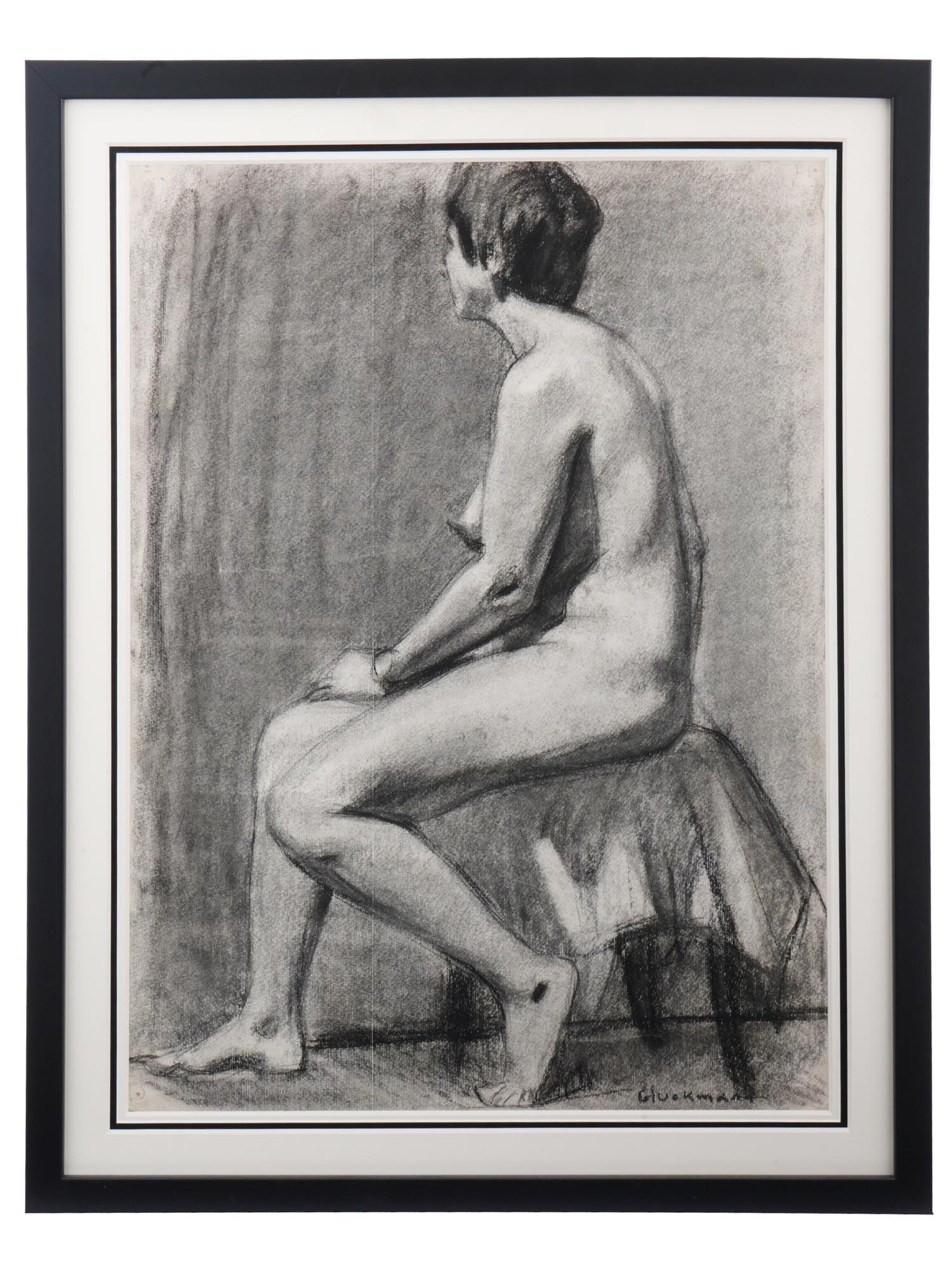 RUSSIAN NUDE STUDY PAINTING BY GRIGORY GLUCKMANN: Grigory Gluckmann, Russian, American, 1898 to 1973, charcoal painting on paper depicting a seated female nude figure study. Signed lower right. Framed. Grigory Efimovich Glyukmann was a Russian and Am