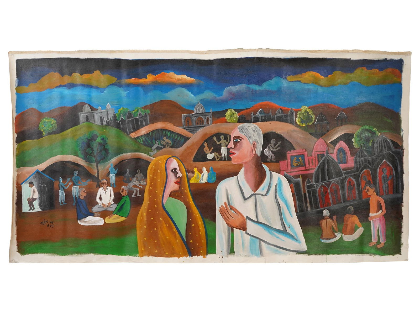 INDIAN SCHOOL OIL PAINTING SIGNED BHUPEN KHAKHAR: An oil painting on canvas depicting a genre scene in a townscape. Signed, Khakar, and dated, lower left. Bhupen Khakar, Indian, 1934 to 2003, was an Indian artist. He was a member of the Baroda Group