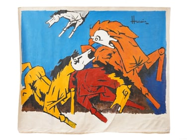 AFTER MF HUSAIN INDIAN ACRYLIC PAINTING HORSES