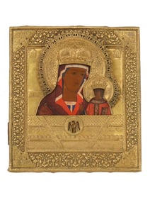 18TH C RUSSIAN SOFTENING EVIL HEARTS ICON IN OKLAD