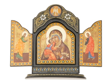 RUSSIAN MOTHER OF GOD HAND PAINTED TRYPTIC ICON SKLADEN
