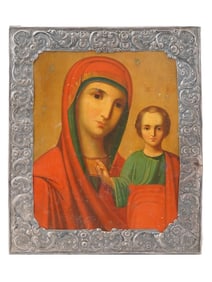 ANTIQUE RUSSIAN ICON KAZAN MOTHER OF GOD IN SILVER OKLAD