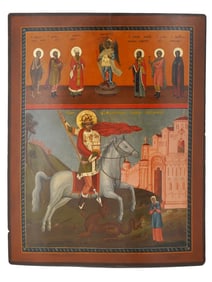 ANTIQUE 19 C RUSSIAN ICON OF ST GEORGE AND SAINTS