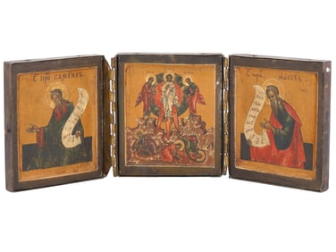 ANTIQUE 18TH C RUSSIAN THREE PANEL FOLDING ICON