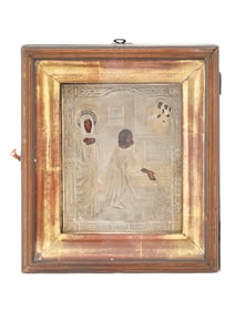 ANTIQUE MOTHER GOD UNEXPECTED JOY ICON W SILVER OKLAD