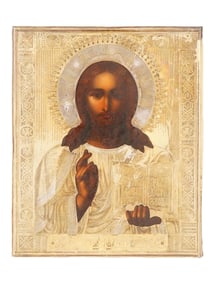 ANTIQUE RUSSIAN ICON OF CHRIST IN GILT SILVER OKLAD