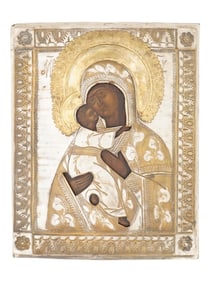 ANTIQUE 19TH C RUSSIAN ICON VLADIMIR MOTHER OF GOD