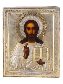 ANTIQUE RUSSIAN ICON LORD ALMIGHTY IN SILVER RIZA