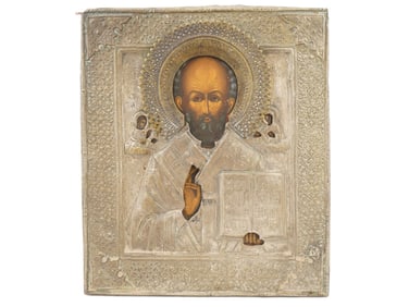 ANTIQUE RUSSIAN ORTHODOX ICON SAINT NICHOLAS IN OKLAD