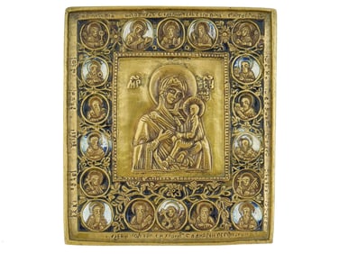 19TH C RUSSIAN TIKHVIN MOTHER GOD ENAMEL BRONZE ICON