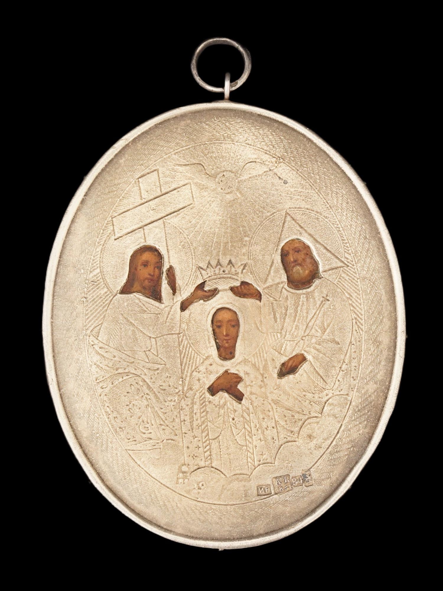 ANTIQUE RUSSIAN ORTHODOX ICON MEDALLION W SILVER RIZA (1 of 7)