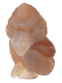 RUSSIAN CARVED AGATE BABOON FIGURE W GOLD RUBY EYES