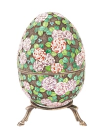 EXTRA LARGE RUSSIAN SILVER ENAMEL EASTER EGG W FLOWERS