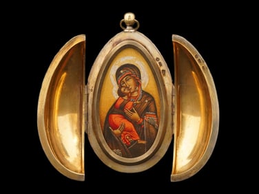 LARGE RUSSIAN SILVER ENAMEL EASTER EGG WITH ICON